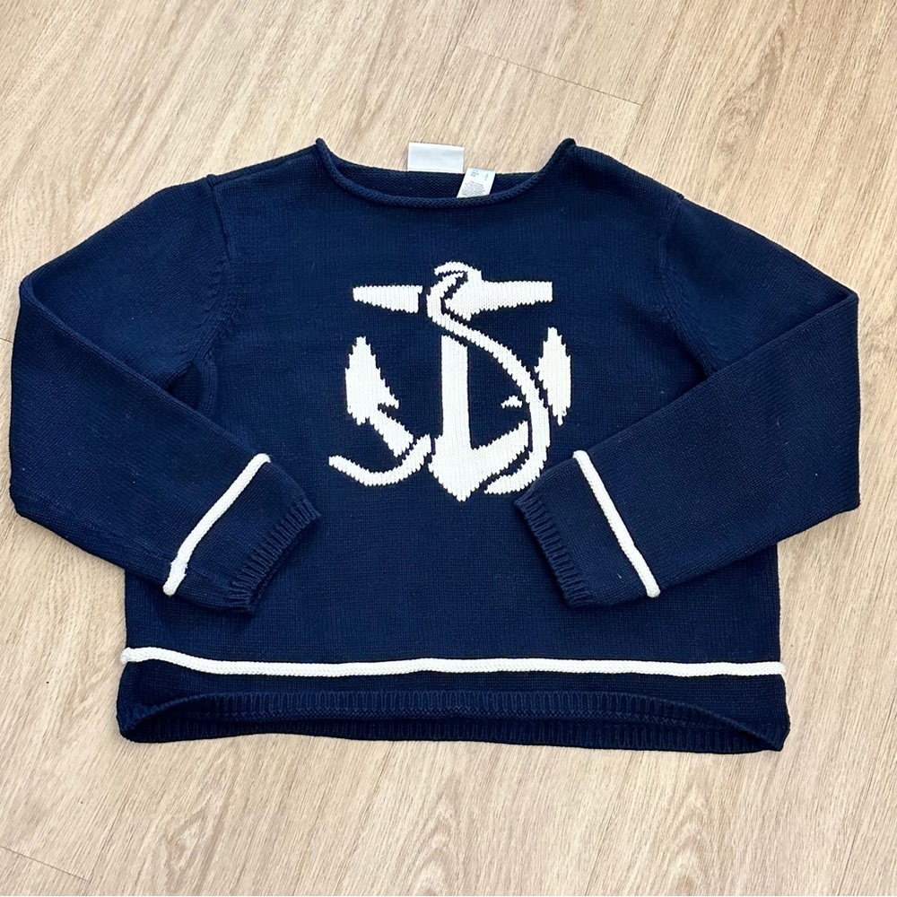 Vtg 90s Y2K Liz Claiborne 100% Cotton Nautical Anchor Sailor Pullover Sweater